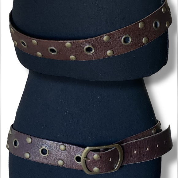 Linea Pelle Vintage Leather Belt Distinctive Studded Riveted Brass Detail XL - Picture 9 of 11